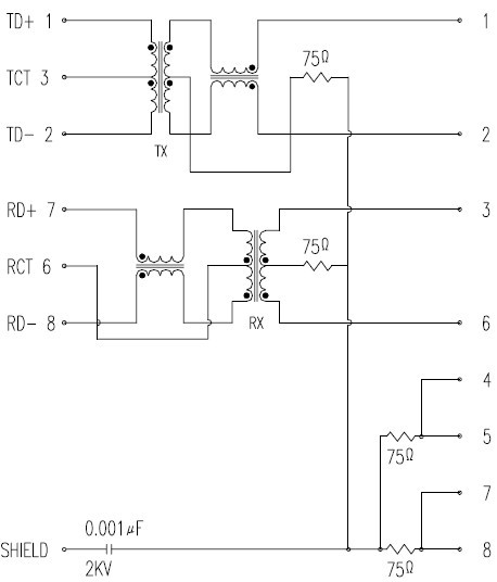 RJ45 网络接口插座内部结构原理图